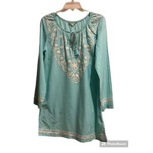 Gianni Bini Women's Top S Embroidered Turquoise NWT Long Sleeve Tie Neck